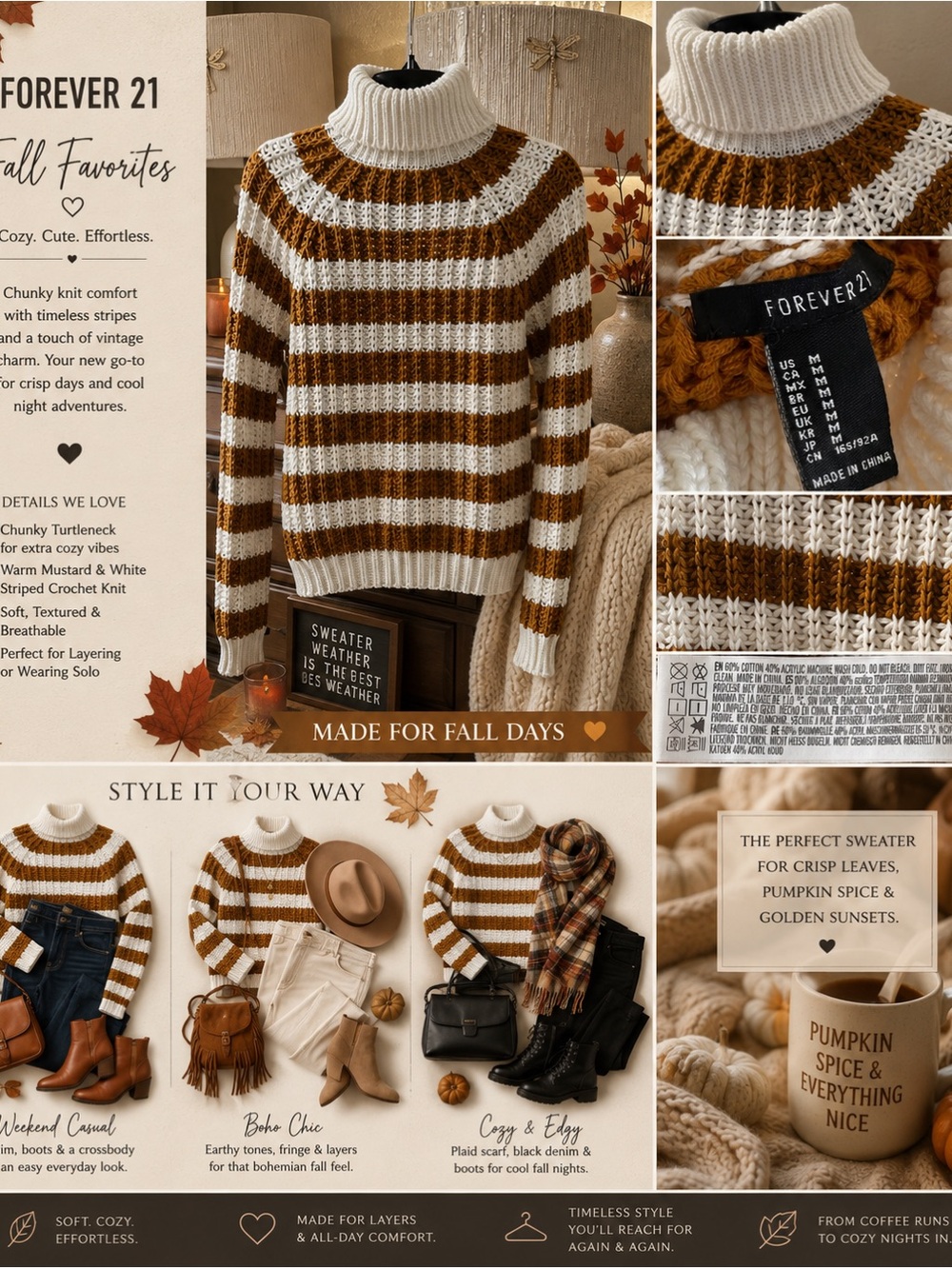 Forever 21 Mustard and White Striped Turtleneck Sweater
